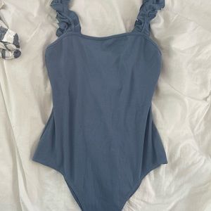 BLUE BODYSUIT W RUFFLE STRAPS